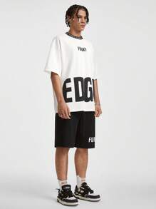 Manfinity NXTstreet Men's Summer Loose Fit Round Neck Short Sleeve T-Shirt With Letter Print And Drawstring Waist Shorts Set - Black and White - View 5
