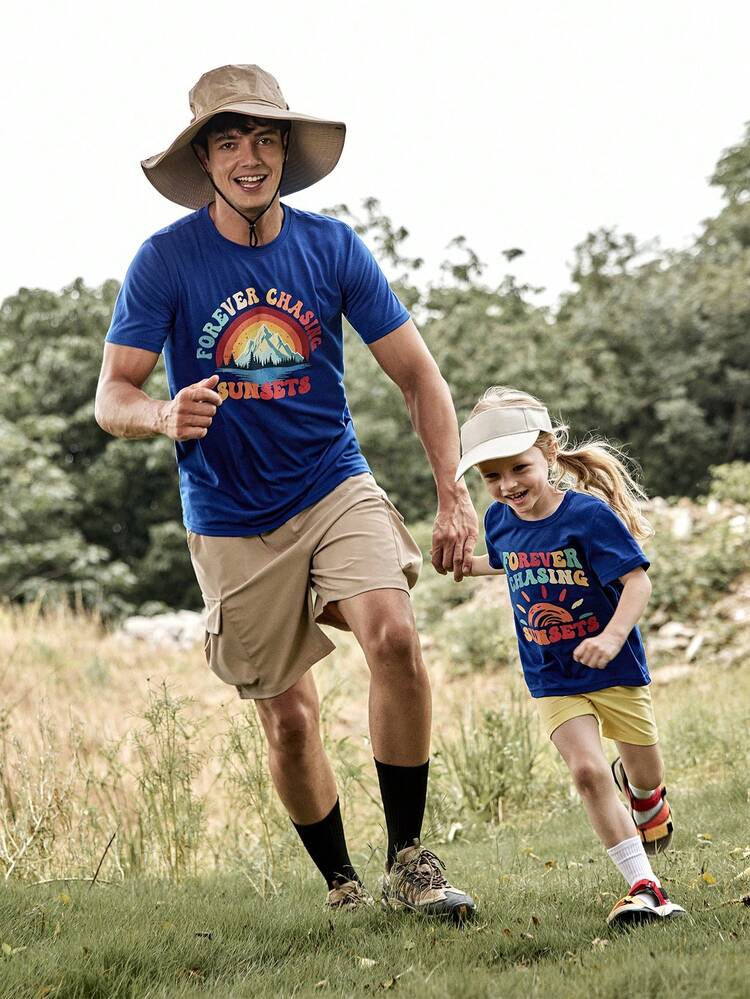 1pc Men's Fashionable Sun Pattern Letter Slogan Printed Camping Style Cotton Short Sleeve T-Shirt