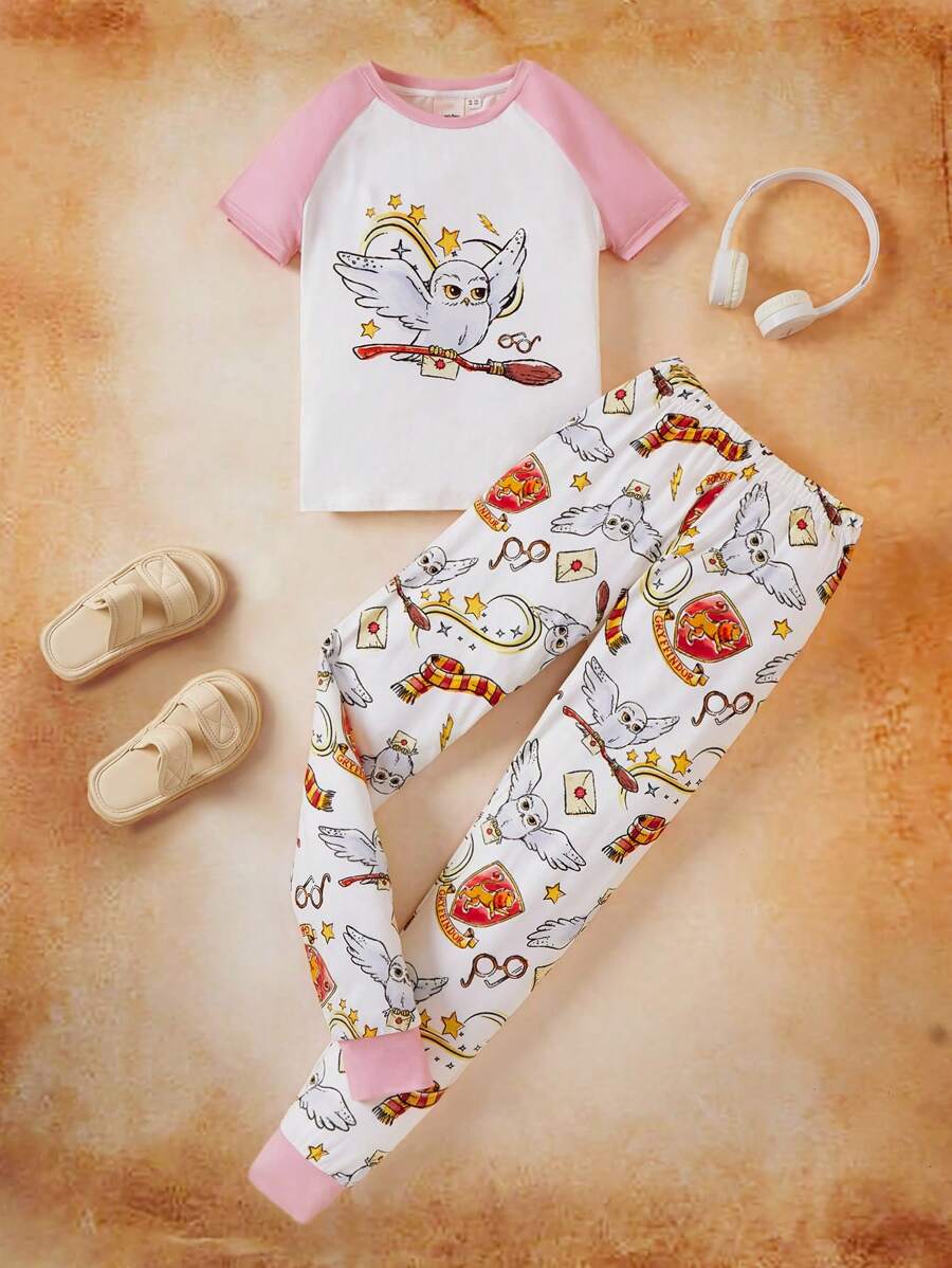 HARRY POTTER X SHEIN Tween Girl Cartoon Owl Hedwig Printed Color Block Raglan Sleeve Top And Gryffindor House  Pants Snug Fit Pajama Set