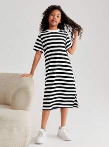 SHEIN Tween Girl Spring/Summer Striped Knit Round Neck Slit Casual Dress - Black and White - View 3
