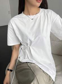Dazy Designer Camiseta de mujer de unicolor con cuello redondo y diseño de lazo a la cintura para el verano