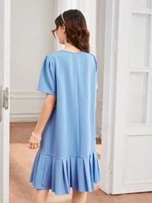SHEIN Vestido azul elegante de punto con pliegues y lazo grande para chica adolescente - Azul - Ver 3
