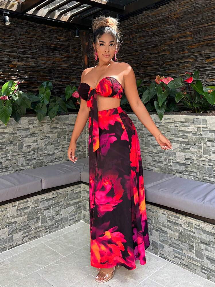 Women's Summer Holiday Floral Printed Front Tied Tube Top And Long Midi Skirt Set Holiday Sexy Summer Beach Vacation Boho Women Outfit Pride Clothes Western Wear Birthday Outfit Bachelorette Party Concert Club