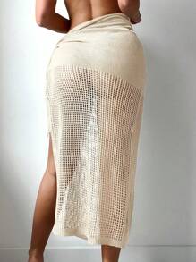 SHEIN Swim Women's Solid Color Lace Up Casual Vacation Cover Up With High Slits Summer