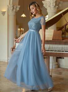 薄纱直筒舞会礼服串珠短袖伴娘服优雅连衣裙 - 霧霾藍 - 查看 3