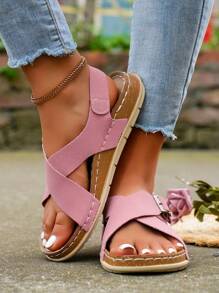 IH2 Women's Soft Cross-Band Single Buckle Hook And Loop Strap Slip-Resistant Flat Sandals With Snowflake Design - Pink - View 4