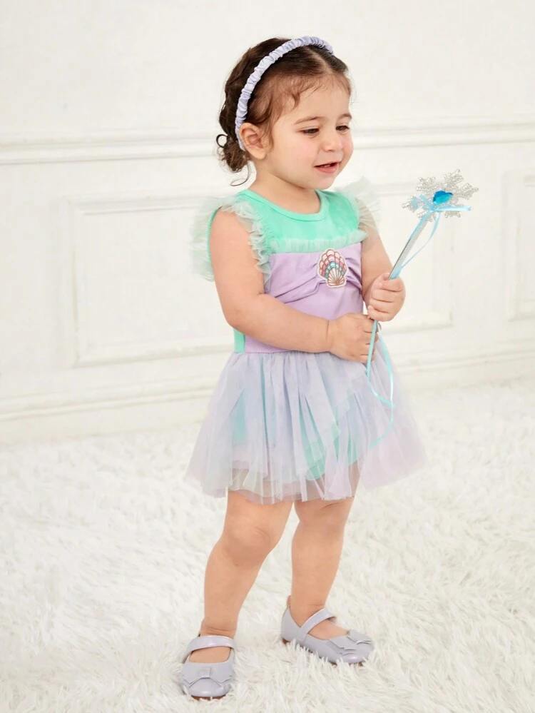 Cute And Fun Baby Girls' Shell Embroidery Woven Label Contrast Mesh Bodysuit, Ideal For Spring And Summer Outings