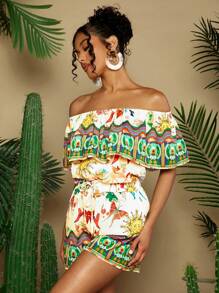 SHEIN VCAY Women's Summer Holiday Floral Printed Ruffle Off Shoulder Top And Shorts Casual 2pcs/Set - Multicolor - View 6