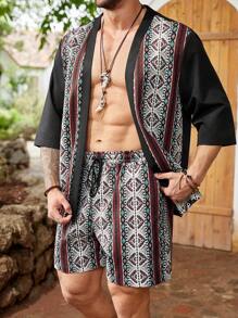 ResortEase 男士加大碼復古假日休閒印花襯衫和短褲套裝 - 彩色 - 查看 1