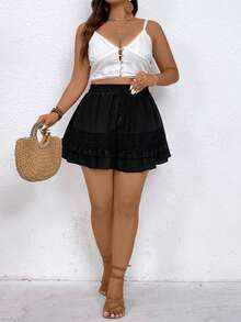 Breezaya Plus Size Women's Solid Color Fringed Belted Loose Pantskirt With Ruffle Hem For Vacation - Black - View 4