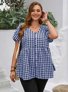 EMERY ROSE Áo cổ chữ V cỡ lớn dành cho nữ có nút trang trí tay áo cánh dơi màu đen và trắng Áo mẹ Gingham cho mùa xuân - Màu xanh hải quân - Xem 3