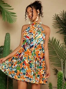 Travachic Women's Summer Vacation Plant Printed Short Casual Halterneck Dress - Multicolor - View 5