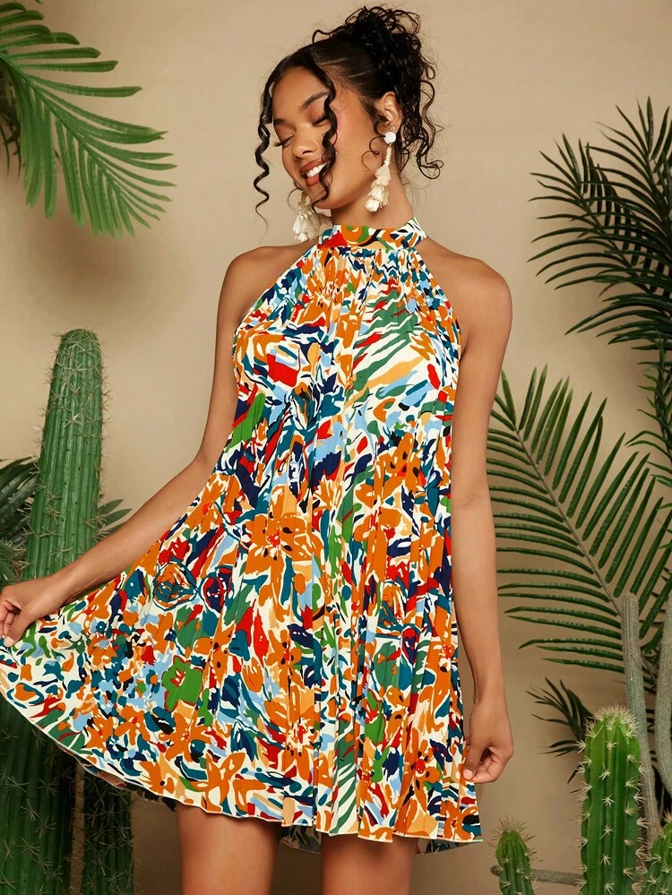 Women's Summer Vacation Plant Printed Short Casual Halterneck Dress