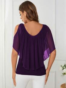 SHEIN Clasi Camiseta de mujer de verano con hombros descubiertos y dobladillo asimétrico con ribete de volantes en unicolor - Morado - Ver 4