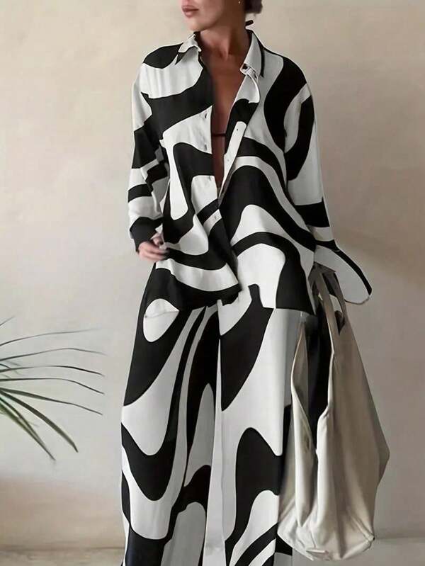 SHEIN LUNE Plus Size Color-block Shirt And Pants Set