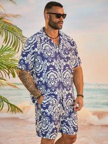 Manfinity Homme Men's Plus Size Vacation Beach Allover Print Short Sleeve Shirt And Shorts Set - Blue - View 3
