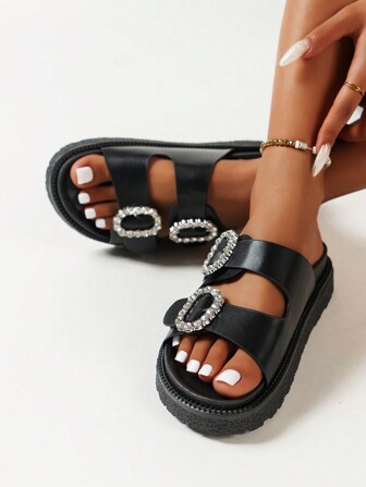 女式夏季鑲有鑽石裝飾的楔跟平台涼鞋