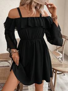 Breezaya 女士优雅休闲露肩袖夏季连衣裙度假海滩装 - 黑色 - 查看 5