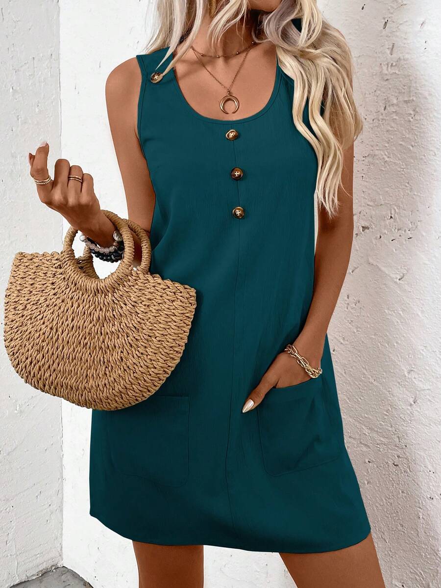EMERY ROSE Solid Color Sleeveless Casual Dress With Pockets And Round Neckline For Summer - Teal Blue - View 1