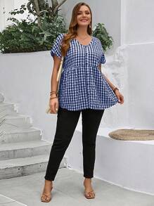EMERY ROSE Áo cổ chữ V cỡ lớn dành cho nữ có nút trang trí tay áo cánh dơi màu đen và trắng Áo mẹ Gingham cho mùa xuân - Màu xanh hải quân - Xem 4