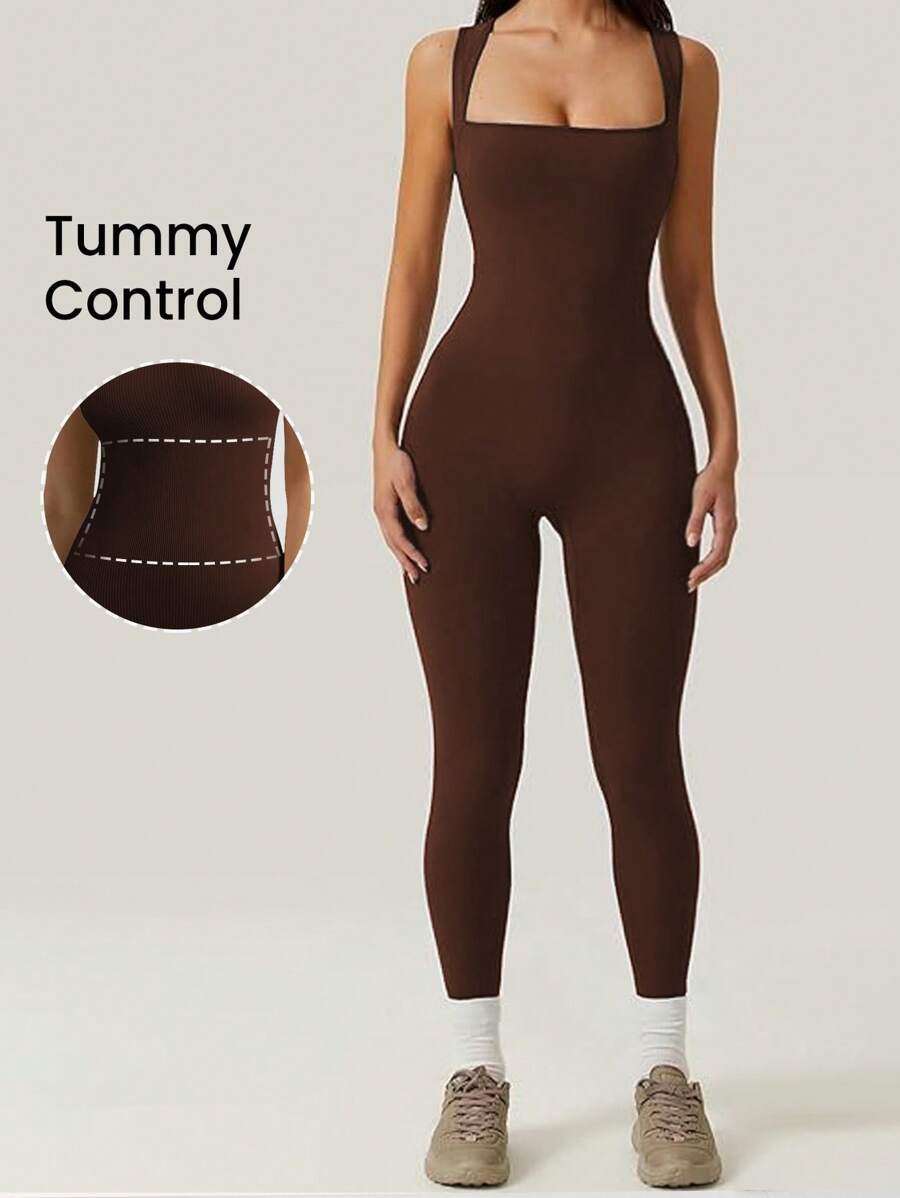 Dewbera Dewbera Jumpsuit Olahraga Wanita Backless Criss Cross Plain - Coffee Brown - View 1