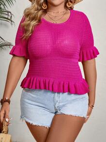 SHEIN VCAY Top de talla grande con dobladillo de volantes para vacaciones - Rosa Fucsia - Ver 6