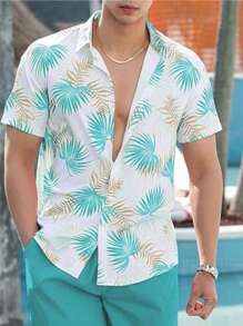 Manfinity Dauomo 男士熱帶植物印花短袖休閒襯衫，適用於夏季度假 - 白色 - 查看 1
