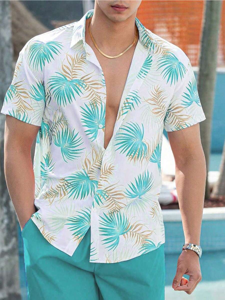 Manfinity Dauomo 男士熱帶植物印花短袖休閒襯衫，適用於夏季度假 - 白色 - 查看 1