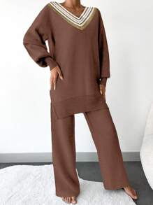 SHEIN Cottnline màu trơn Màu sắc Cổ chữ V Giải trí Áo len Và Rộng chân Quần Bộ - màu nâu - Xem 5