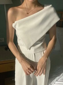 DAZY Camiseta de mujer de unicolor sexy con cuello grande y diseño de hombros oblicuos para el verano
