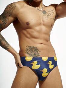 Manfinity KASUA Men's Summer Fashionable Duck Printed Triangle Swim Trunks For Beach Vacation Solid Racer Brief,Hawaiian - Multicolor - View 3