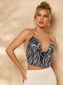 Glamine Top halter sin espalda con cuello drapeado de lámina de aluminio con patrón de cebra para fiesta de verano