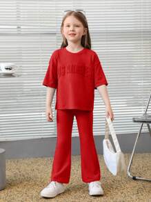 SHEIN Young Girl Loose Casual Set Of 3D Letter Printed Drop Shoulder T-Shirt And Flare Pants - Red - View 6
