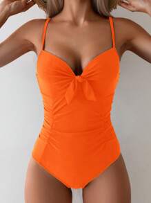 SHEIN Swim 女款純色打結前扣一件式泳裝，適合度假、夏季海灘 - 橘色 - 查看 7