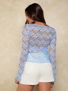 Forever 21 Top à manches longues col carré avec ourlet asymétrique en dentelle bleue pour femmes