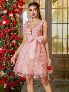 Women's Elegant Dress With 3d Flower And Bowknot Decorations - Pink - View 6
