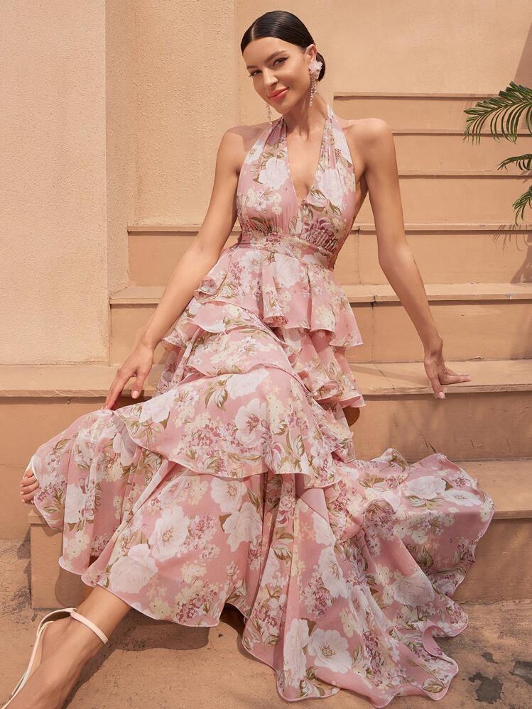 UNITHORSE Digital Watercolor Print V-Neck Backless Chiffon Floral Dress, Random Flower Pattern, Elegant & Lightweight, Layered Ruffle Hem, Suitable For Prom, Semi-Formal Occasions, Weddings, Birthdays, Graduations, Homecoming, Bridal Gowns, Ladies Birthday Outfits, Formal Dresses, School Uniforms, Etc. Pink - Pink - View 6