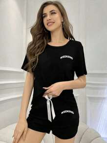 女士字母印花短袖T恤和短裤、睡衣套装（节日季）