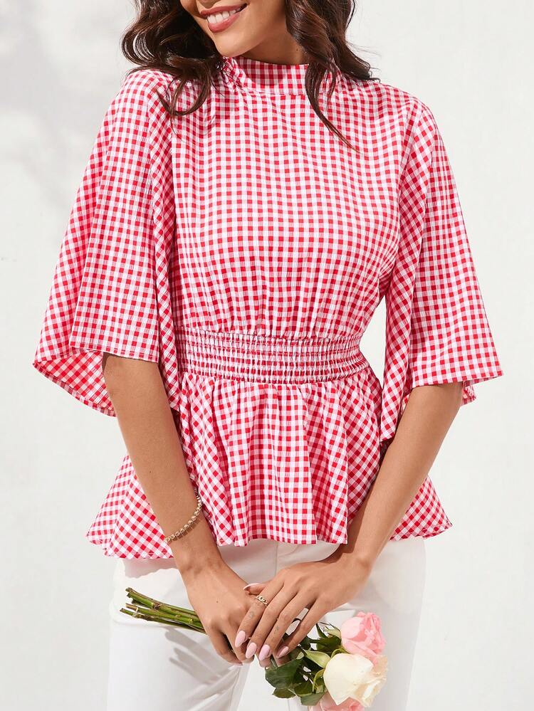 Women's Gingham Ruffle Hem Outing Summer Blouse