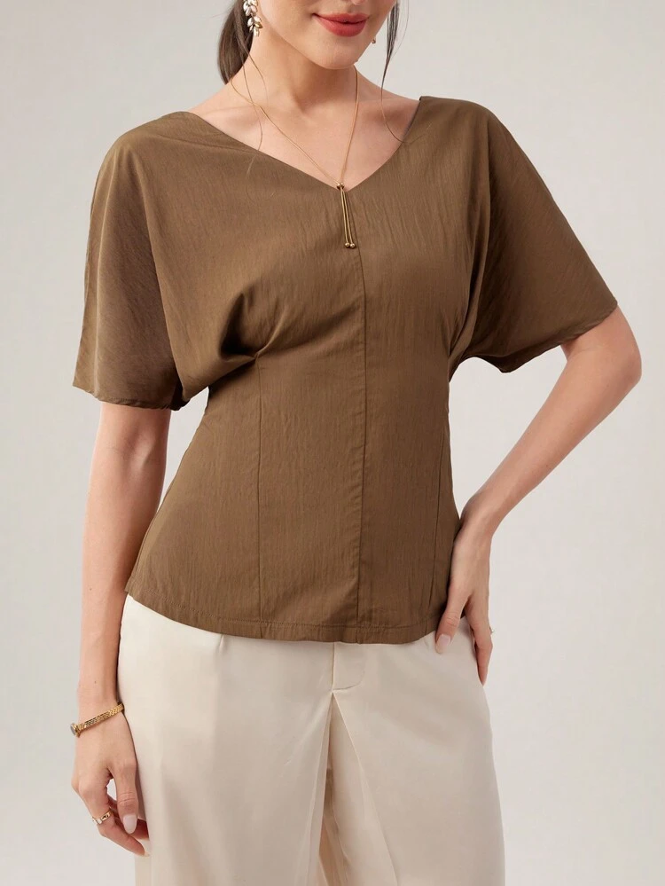 Summer Casual Solid Color Batwing Sleeves Cinching Waist Shirt