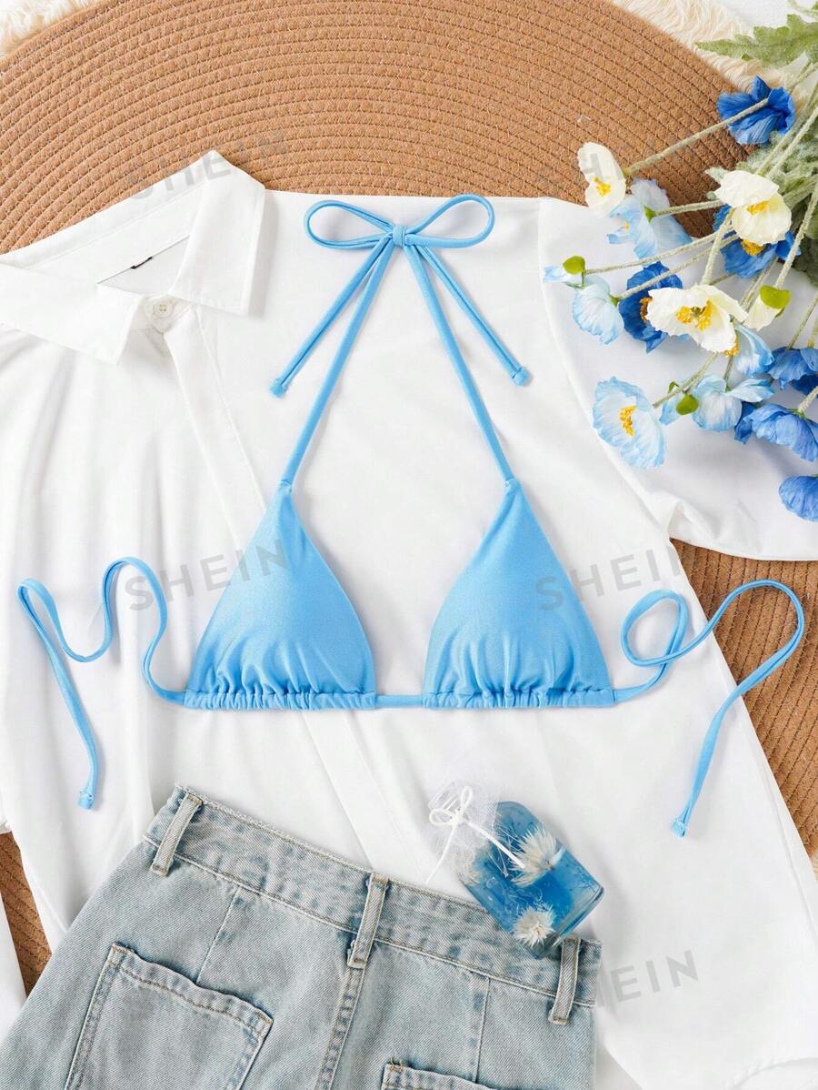 SHEIN Swim Top de bikini de plajă, de vară, de culoare uni, cu gât și cupe triunghiulare (nodul curelei poate fi îndepărtat)