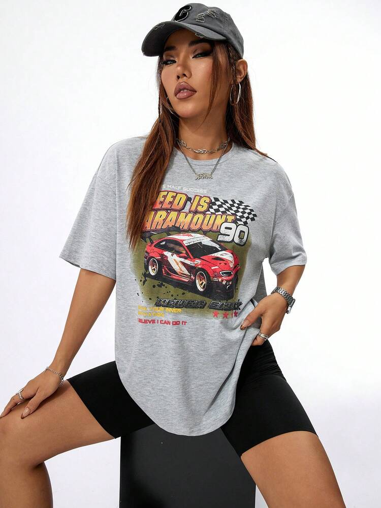 Women's Summer Loose Fit Casual T-Shirt With Round Neck, Drop Shoulder Sleeves And Car Letter Print