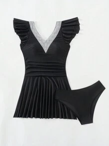 SHEIN Swim Lushore Váy che thân cổ chữ V xếp nếp xếp nếp kèm bộ bikini dành cho nữ - màu đen - Xem 8