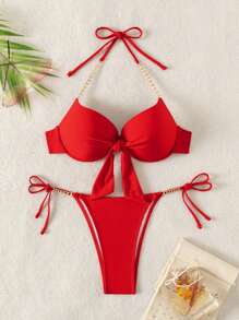 2pcs Women's Vacation Beach Chain Decor Swimwear Set With Underwire Summer