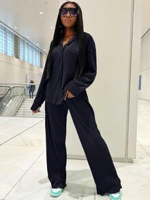 2 件套女士时尚褶皱衬衫和舒适阔腿裤套装，休闲，女士春秋季休闲口袋，拉链长袖宽松黑色衬衫裤女两件套服装，休闲日常穿着 - 黑色 - 查看 9