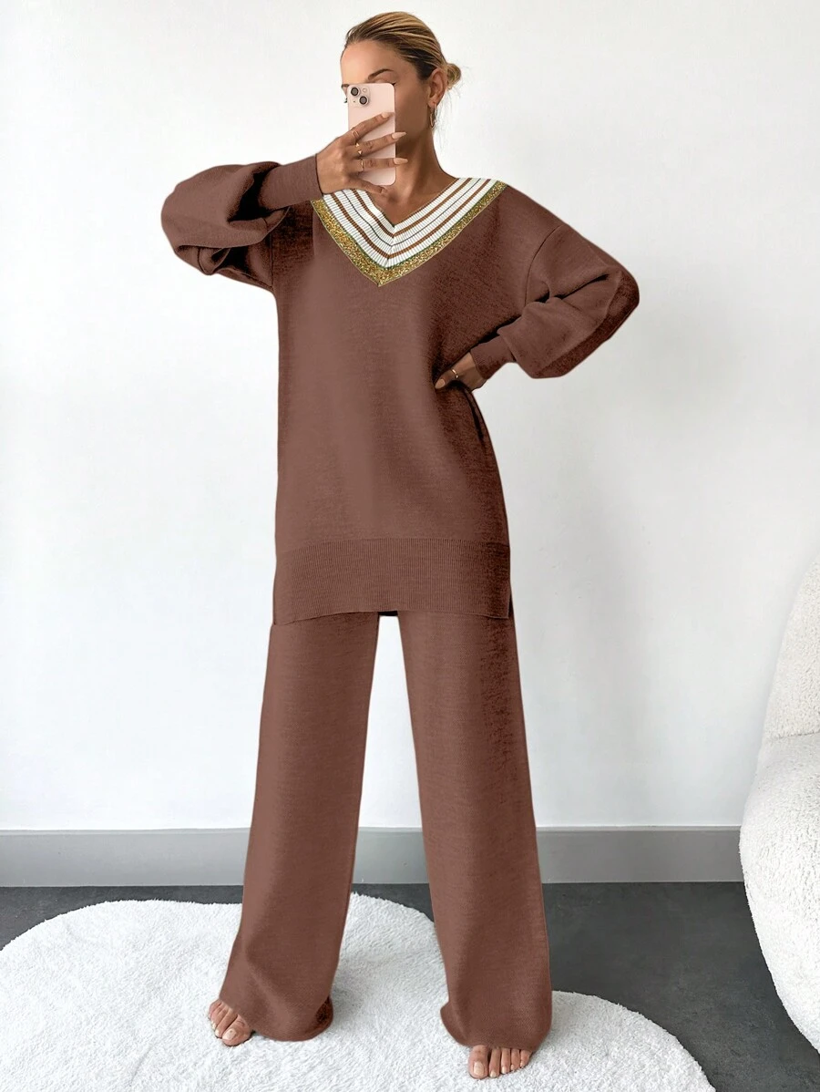 SHEIN Cottnline màu trơn Màu sắc Cổ chữ V Giải trí Áo len Và Rộng chân Quần Bộ - màu nâu - Xem 1