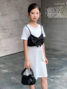 Vestido informal tipo camiseta de manga corta con bloqueo de color y nudo delantero, 2 en 1 para niña preadolescente
