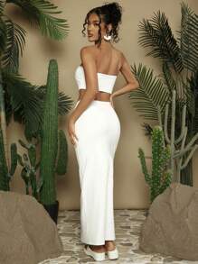 SHEIN VCAY 女款夏季花卉印花短胸衣上衣配長身修身裙度假套裝 - 彩色 - 查看 2