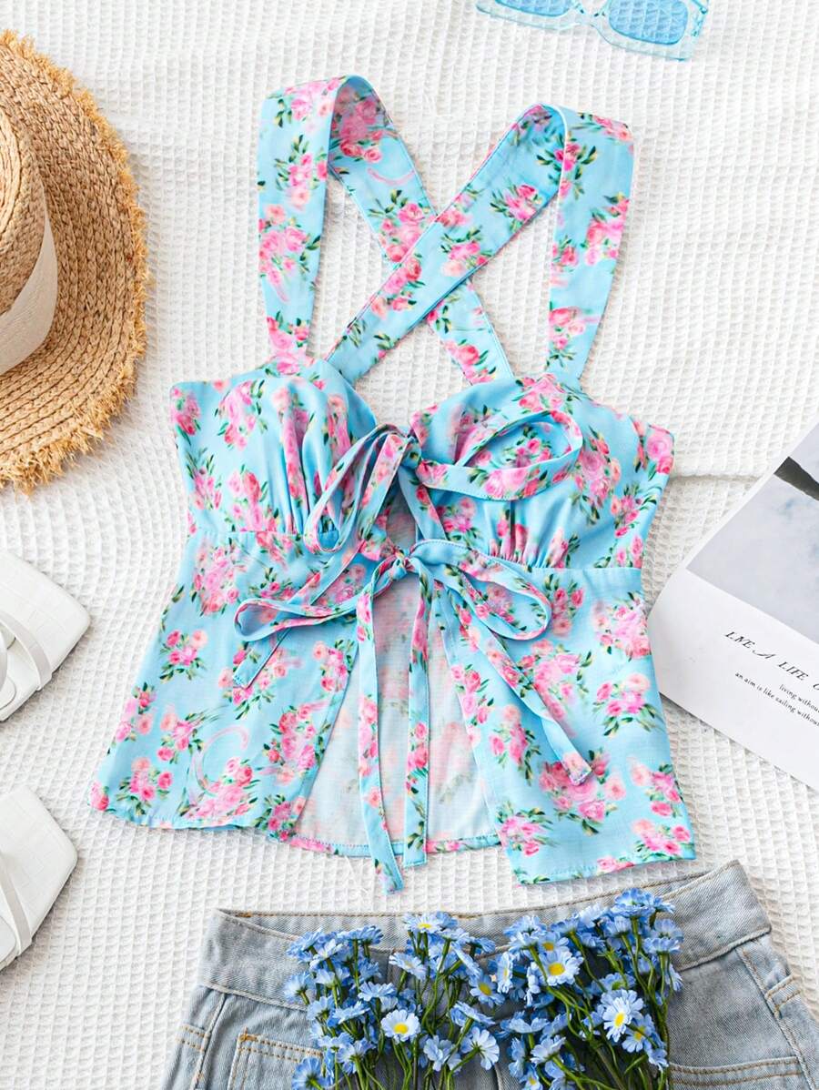 Soleia Women's Light Blue Floral Countryside Cross Back Camisole With Bow Tie & Open Front,Perfect For Summer,Boho,Vacation,Holiday & Wedding Season - Multicolor - View 1