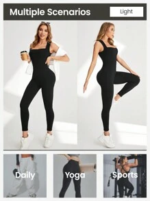 Seamluxe SHEIN Sport Damen einfarbiger Sport-Jumpsuit mit quadratischem Ausschnitt, enge Silhouette, Full-Body-Sport-Jumpsuit, Fitnessoutfit für Frauen